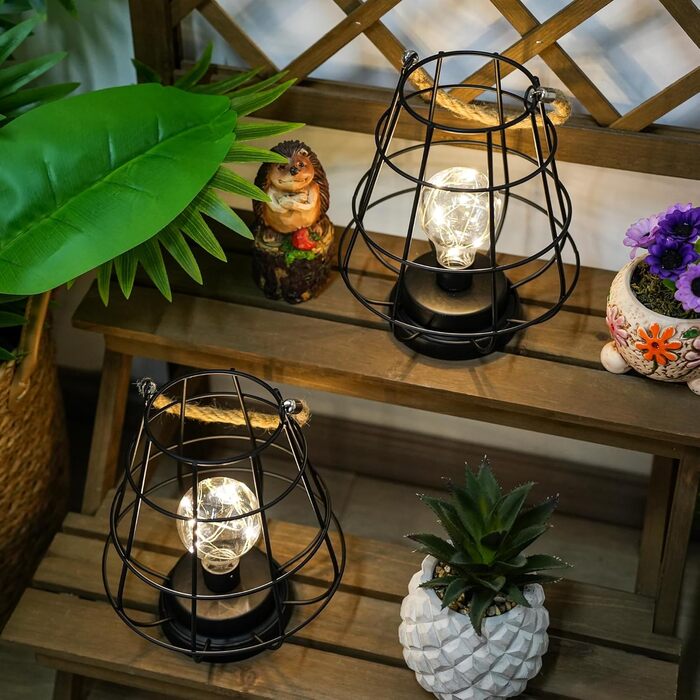 JHY DESIGN Набір з 2 декоративних настільних ламп-ліхтариків у стилі ретро, 22 см, на батарейках, LED Едісон, чорний колір