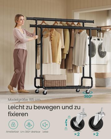 SONGMICS Стійка для одягу на коліщатках, важка, з 2 висувними штангами, регульована висота, з полицею та гачками, чорний HSR015B01