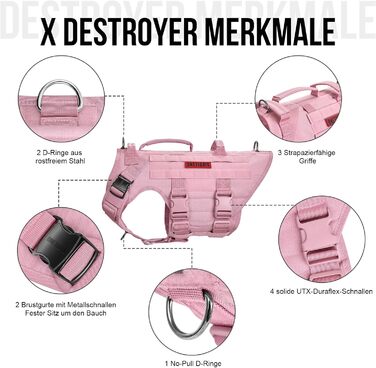 Нашийник для собак OneTigris X Destroyer тактичний, регульований, анти-тяга, вибухозахисний, з 3 ручками, 2 металевими пряжками, безпечний (Рожевий L), L:27-41кг (Окружність шиї:45-63см, Окружність грудей:68-91см)