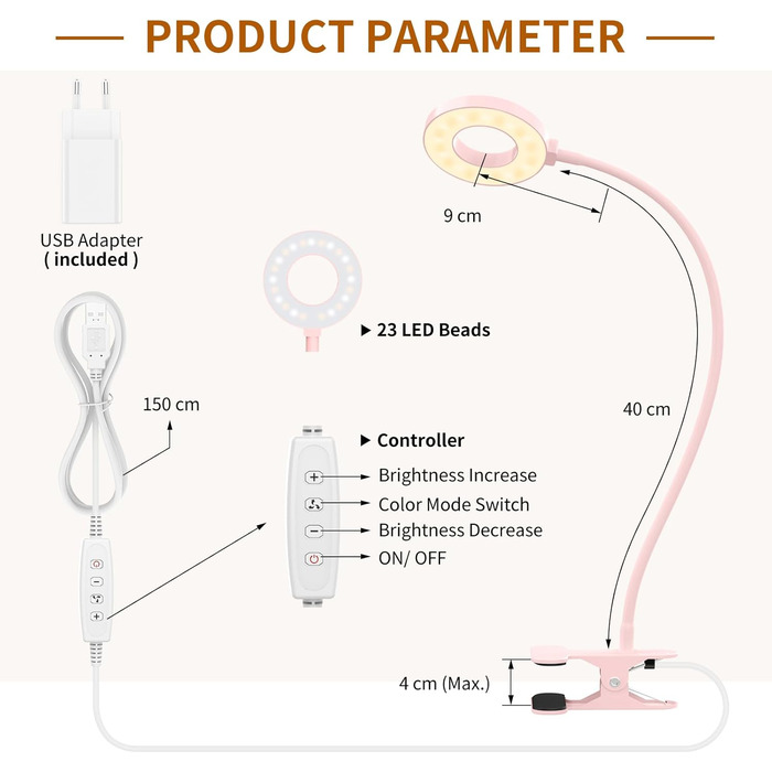 iZELL LED лампа для читання з гнуким світильником 40см, 10 рівнів яскравості, USB-зарядка, рожевий колір