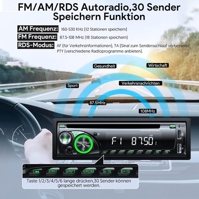 1DIN автомобільна магнітола 9-24V з CD/DVD, Bluetooth, RDS, FM/AM, MP3, 2 USB, SD, AUX, керування з керма, 7 кольорів, зелена