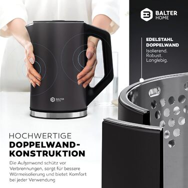 Balter Stainless Steel Electric Kettle with Temperature Control - 40°C to 100°C, Double Wall, BPA Free, 1.7L, 2200W, Quiet Kettle - Dark Grey