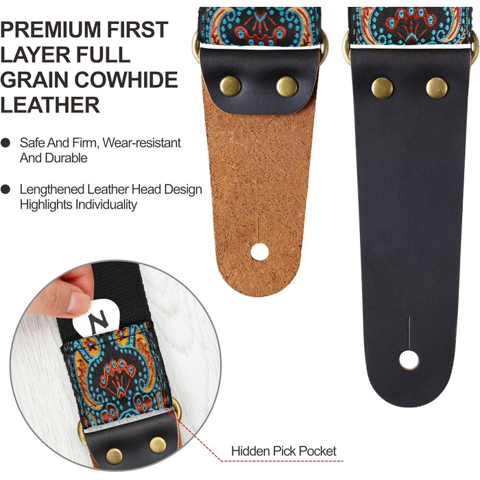 Гітарний ремінь Nefelibata: бавовняний з шкіряними кінцями, для акустичної та електрогітари, комплект з 2 шт.