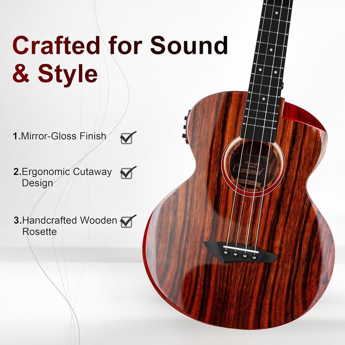 Гуталеле Caramel GEG95 з бокоте, глянцеве покриття | Акустична та електрогітара з аксесуарами для подорожей | 30' Baritone, чорне ебоні | Професійний набір, ручної роботи