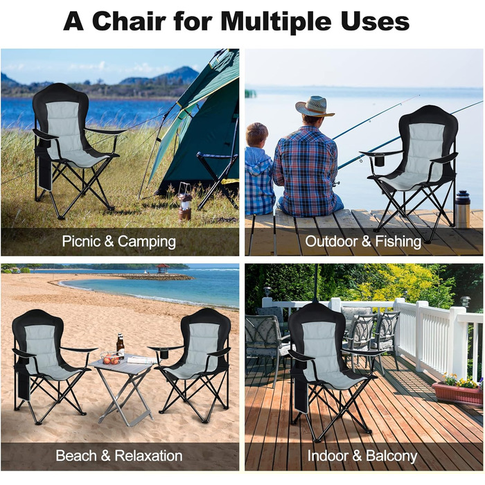 WOLTU Набір складаних стільців для кемпінгу 2 шт., чорний + світло-сірий, для риболовлі, саду, тераси, пікніка