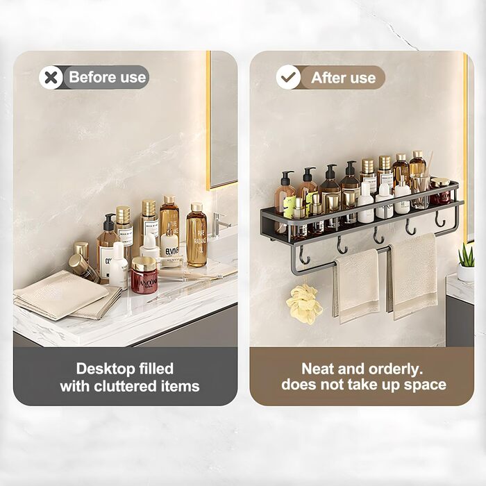 Поличка для душу Devesanter без свердління, 2 шт. - органайзер для ванної кімнати з тримачем для рушників та 6 гачками (60 см, сірий)