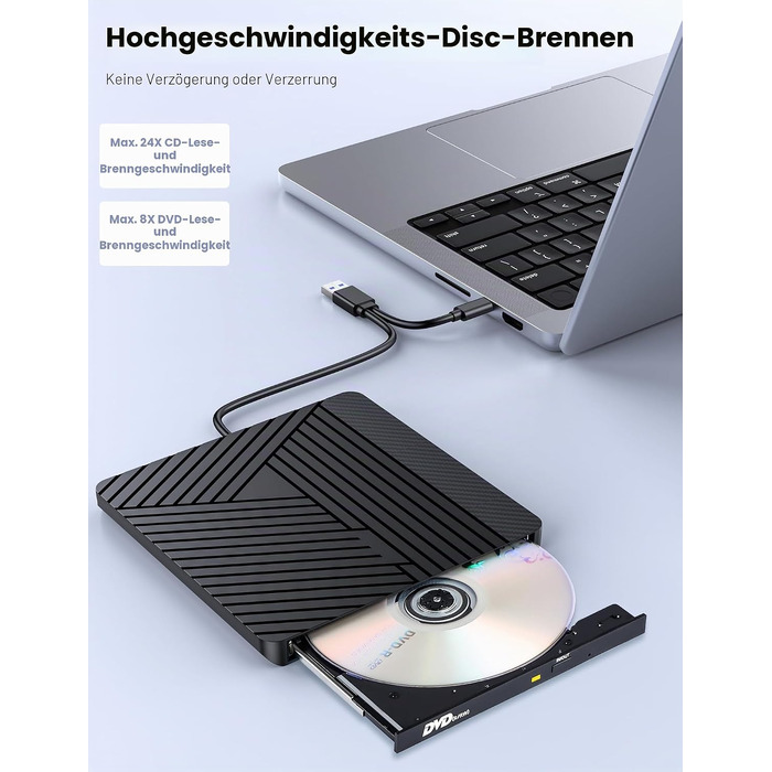 Зовнішній CD/DVD привід MOSWAG USB 3.0 та Type-C, оптичний багатофункціональний накопичувач +/-RW для PC, Mac, MacBook Pro, Linux, Win 11/10, чорний