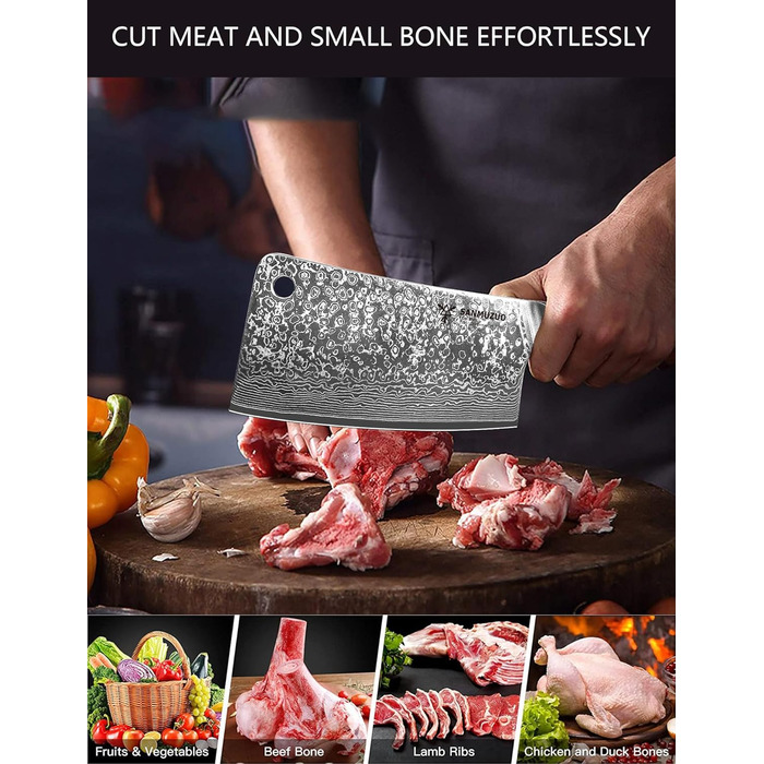 Ніж кухарський Sanmuzuo Hackmesser 17 см, професійний, Дамаск, Xuan Serie, VG10 сталь, ручка з епоксидної смоли (Saphirblau), колір 