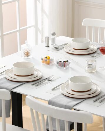 MALACASA Набір посуду з каменю 6 осіб, 18 предметів: тарілки, миски, супи, кераміка, білий з коричневим, посуд для сервірування столу