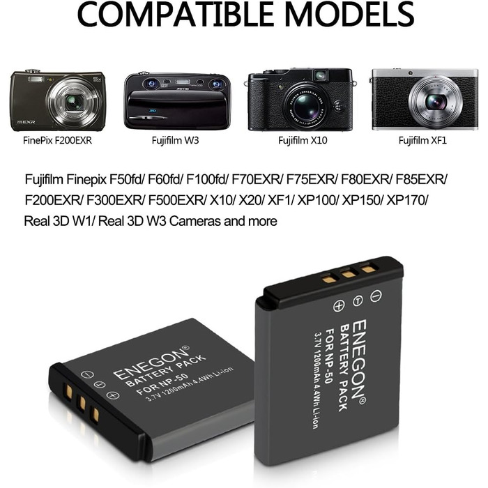 ENEGON Акумулятор Olympus/Nikon/Fujifilm (2 шт) + Зарядний пристрій Rapid Dual USB для Li-40B, Li-42B, EN-EL10, NP-45/50, INSTAX Mini 90