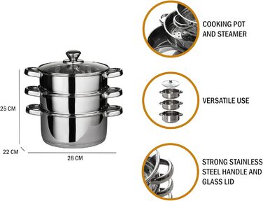 Паровар Premier Housewares з нержавіючої сталі, скляною кришкою, 28 x 22 x 25 см, сріблястий