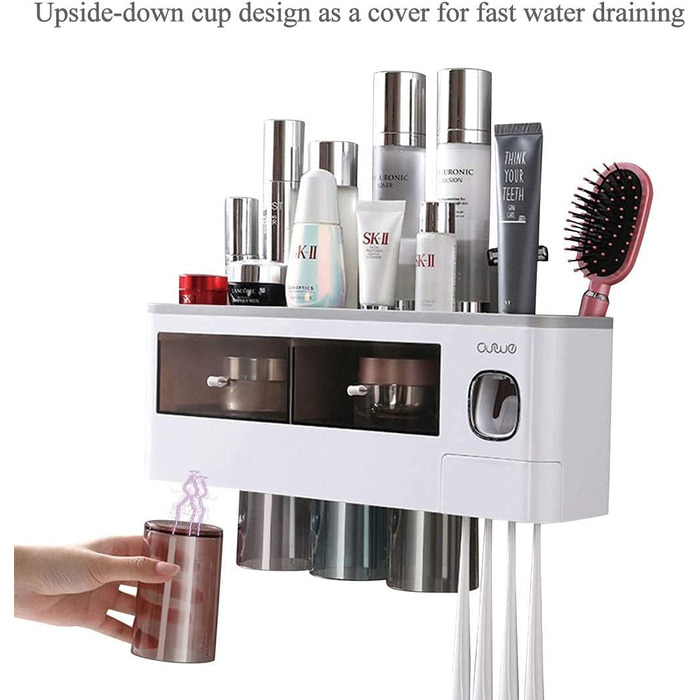 Automatic Toothpaste Dispenser Wall-Mounted with Space-Saving Toothbrush Holder for Bathroom, 2 Transparent Magnetic Cups, 6 Toothbrush Slots, 1 Cosmetic Organizer Drawer (Gray-4 Cups)