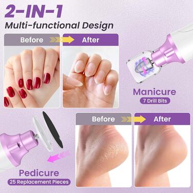 Електричний набір для манікюру та педикюру з 9 насадками та 15 швидкостями, LED-підсвічуванням, W-Lila