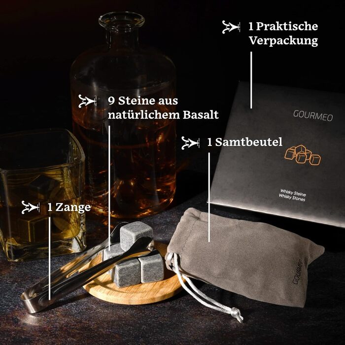Набір камінців для віскі GOURMEO 9 - 9 шт. з нержавіючої сталі, з щипцями - аксесуар для віскі