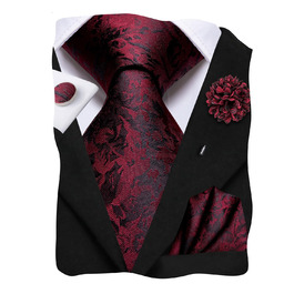Набір краваток для чоловіків Hi-Tie: краватка, нагрудна хустинка, шпильки для краватки, запонки, формальний шовк, весілля, вечірка (чорний/червоний квітковий принт)
