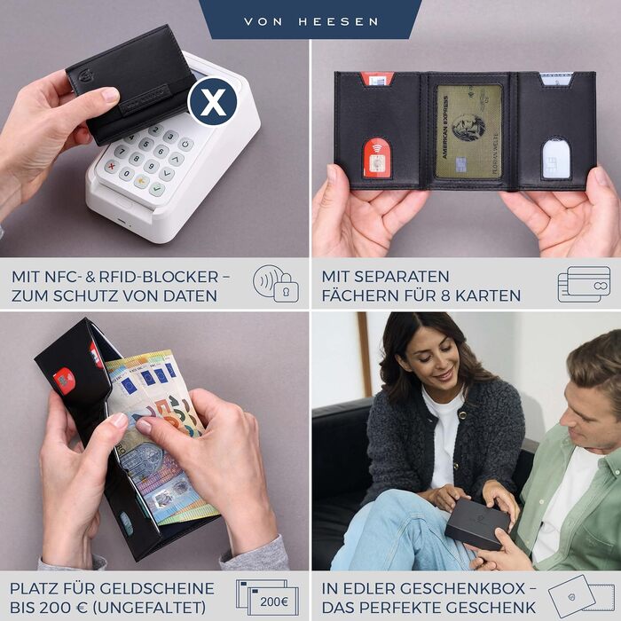 Шкіряний тонкий гаманець VON HEESEN з RFID-захистом, компактний картхолдер для чоловіків та жінок, чорний (гладка шкіра, без монетниці)