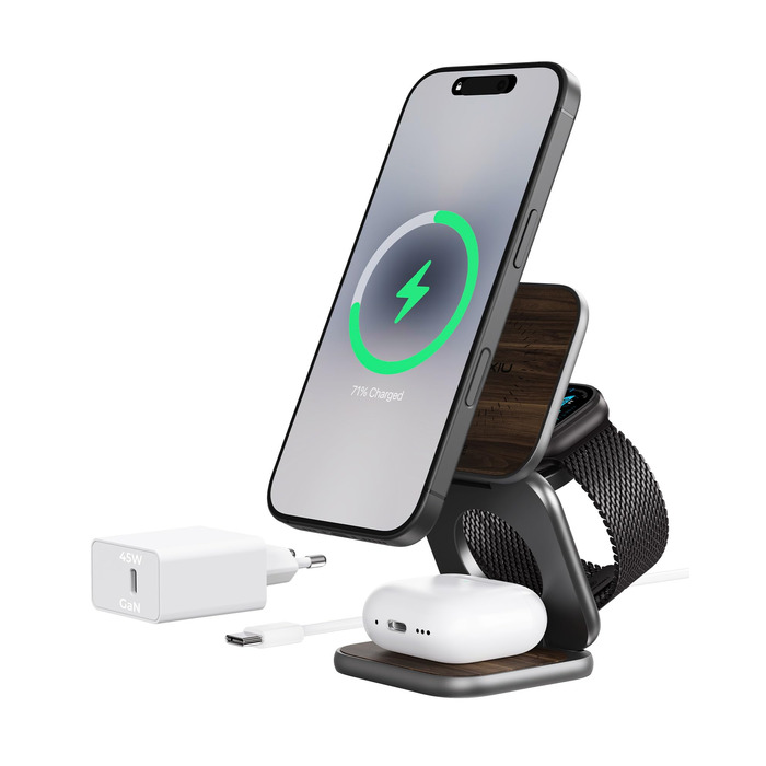 Бездротова зарядна станція KU XIU X40 Turbo Qi2.2 25W 3-в-1 для iPhone 17/16/15/14/13/12, Apple Watch, AirPods. Алюмінієвий адаптер GaN 45W, дерев'яна текстура
