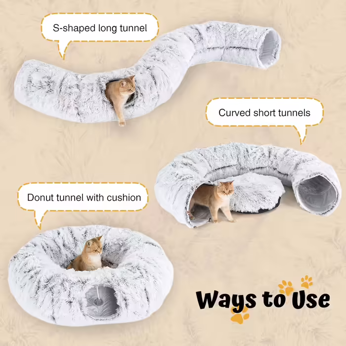 Adventure Cat Tunnel with Central Cushion, Soft Cat Toy Round Multi-Function Cat Bed - Gray