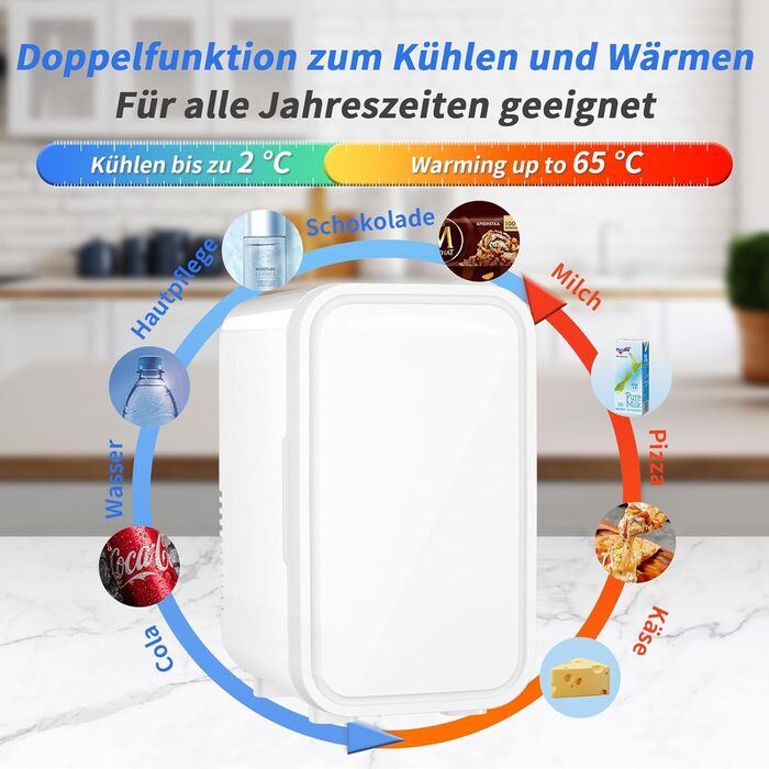 YASHE Mini Fridge - 6 Liter / 8 Can Portable Cooler - Thermoelectric Mini Refrigerator for Bedroom, Skincare, Drinks, Office, Dorm & Car - White