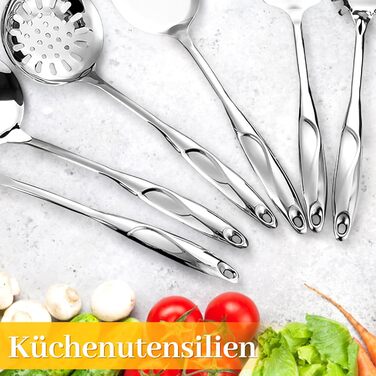 Набір кухонного інвентарю Hunnycook (6 шт.): нержавіюча сталь, мірна ложка, шумівка, лопатка, шумовка з отворами, ложка для спагеті, виделка для м'яса. Можна мити в посудомийній машині.