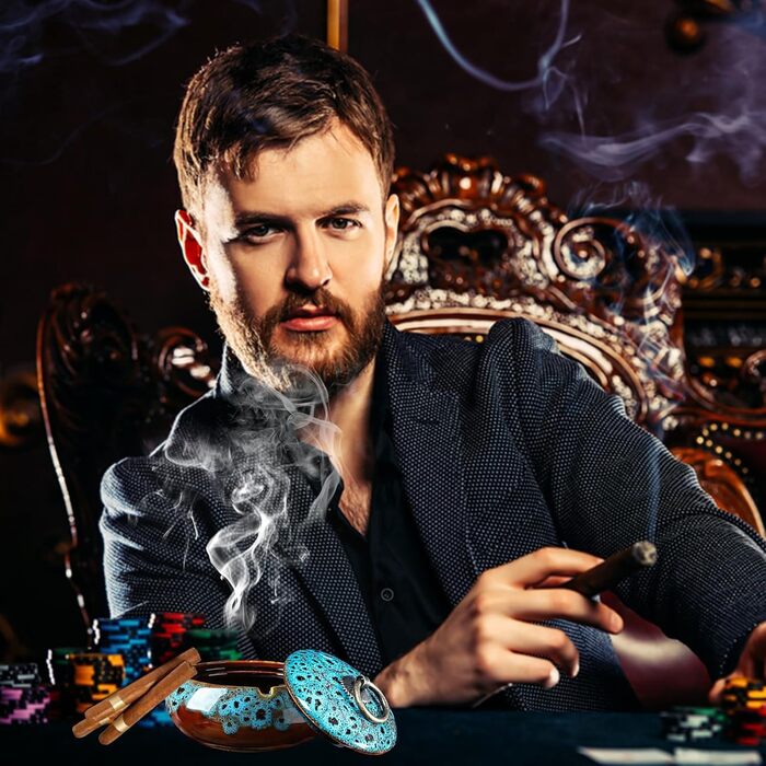 Керамічна попільничка з кришкою, попільничка для сигарет для дому та офісу (Блакитна)