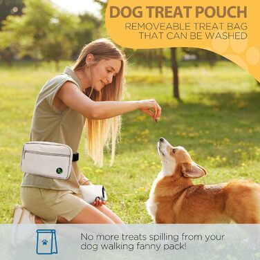 Сумка для собак з карабіном, сумка для тренування цуценят з відділенням для ласощів та тримачем для пакетів для вигулу, зручна сумка для перенесення ласощів для тварин з регульованим поясним ременем (Бежева)