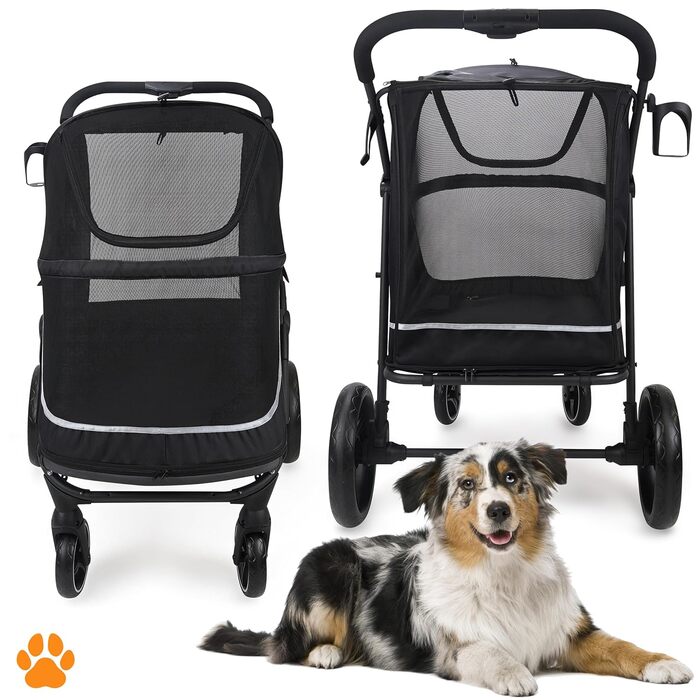 Візок для собак XL CHAMP – зручний та місткий, для великих собак, котів, з дощиковим чохлом, тримачем для напоїв та місцем для зберігання, вантажопідйомність до 50 кг, чорний