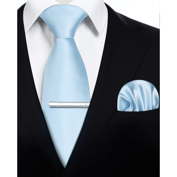HISDERN Комплект краваток для чоловіків: краватка, кишеньковий хустинка та краватки-затискач. Класичний однотонний дизайн, світло-блакитний колір, для урочистих подій, весілля, свят.