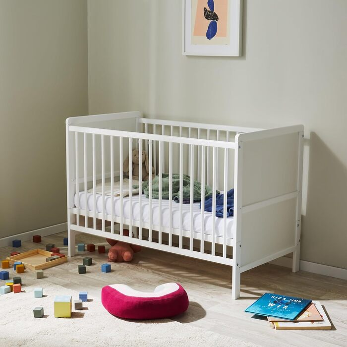 Convertible Baby Bed with Mattress, Toddler Bed, Crib, Bedside Sleeper, 60x120, Fall Protection, Baby, Toddler, Children's Bed, Complete Set, Height Adjustable & Removable Slats, Wood in White, 60 x 120 cm + Mattress White