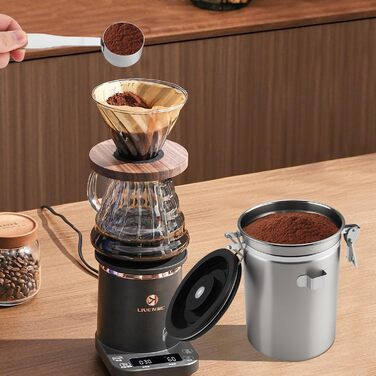 Герметичний контейнер для кави, 1.8L, нержавіюча сталь 304 з датою розкриття та мірною ложкою для кави, зерен, чаю, борошна, зерна та цукру (Білий)