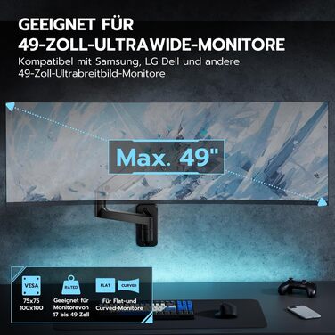 Настінний кронштейн для монітора ARES WING для UltraWide екранів 17-49 дюймів, газліфт, навантаження до 20 кг, VESA 75/100, регульований тримач для офісу та геймінгу, чорний