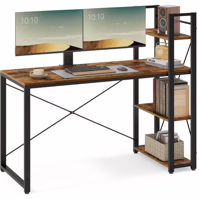 VASAGLE Desk, Computer Table with Shelves on the Right or Left, 137.2 cm Wide Office Desk, for Study Room, Home Office, Easy Assembly, Vintage Brown-Black LWD049B01