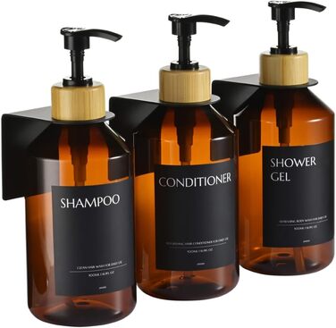 Набір з 3 дозатори мила для стін, 500 мл, флакони для шампуню та гелю для душу, чорний дозатор мила без свердління для кухні та ванної кімнати (коричневий флакон + чорний бамбуковий диспенсер)