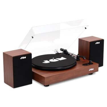 Програвач вінілу JAM з колонками Bluetooth – чорний (горіх) | 3 швидкості, пилозахисний ковпак, попередньо налаштований тонарм, засіб для чищення вінілу в комплекті