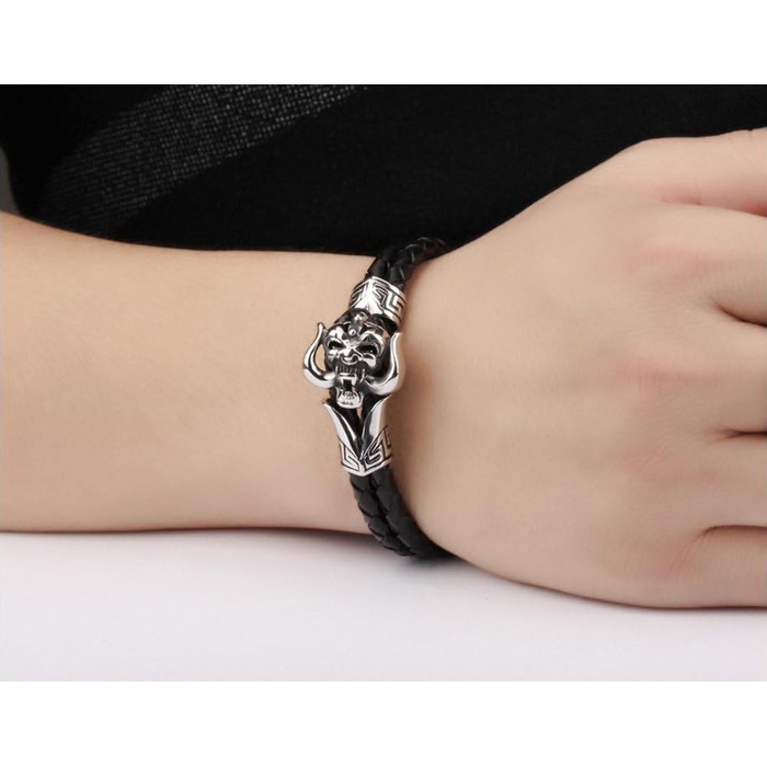 Чоловічий браслет JewelryWe, готичний, з черепом та демоном, шкіряний, з нержавіючої сталі, чорний/срібний