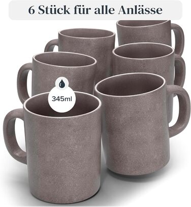 Stoneware Coffee Cups, 6 Person. High-Quality Urban Style TEST VERY GOOD Cup Set, Dishwasher, Microwave and Scratch-Resistant. Stylish Tea and Coffee Cup Set - Pure Living in matte Grey-Brown