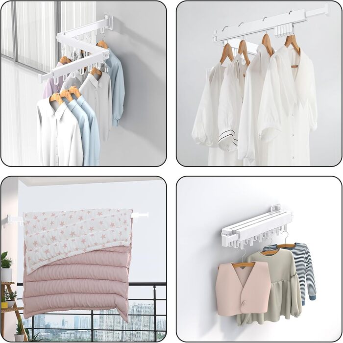 Висувна сушарка для білизни на стіну з гачками. Компактна сушарка для балкона, білизни, ванної кімнати, спальні (Біла, 3 складаних секції)