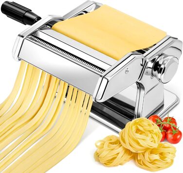 Manual Pasta Machine, Stainless Steel Pastamaker with Two Widths, Stainless Steel Roller and Cutter with 7 Adjustable Settings for Noodles, Spaghetti, Fettuccine, Lasagna