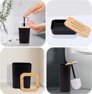 Bathroom Accessories Set - 6Pcs Bathroom Accessories Set made of Bamboo, Lotion Bottles, Toothbrush Holder, Tooth Cup, Soap Dish, Toilet Brush, Waste Bin