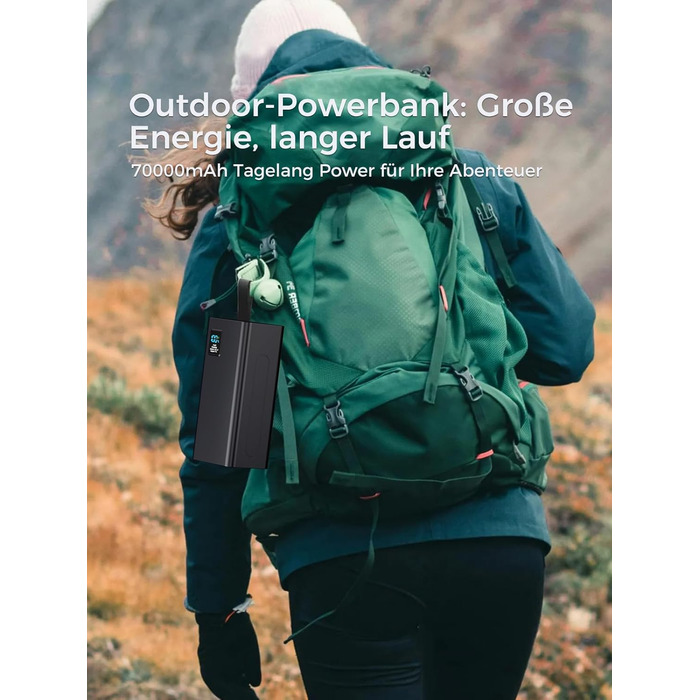 Powerbank Upgrade 70000 mAh: Швидка зарядка 30W PD, 5 виходів USB-C, LED дисплей, портативний зарядний пристрій для iPhone, кемпінгу - Чорний