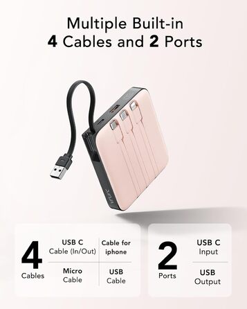Power Bank VRURC 20000mAh з кабелем USB-C 22.5W QC3.0, рожевий - портативний акумулятор для iPhone, Huawei та смартфонів