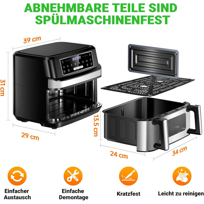 Фритюрниця повітряна подвійна 12л з 8 програмами та рецептами | Регулювання температури до 200°C, срібна
