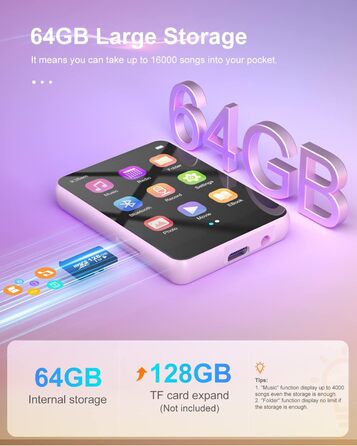 MP3 плеєр 64GB Bluetooth 5.3 HiFi, з радіо FM, диктофоном, металевим корпусом та сенсорним екраном 2.4