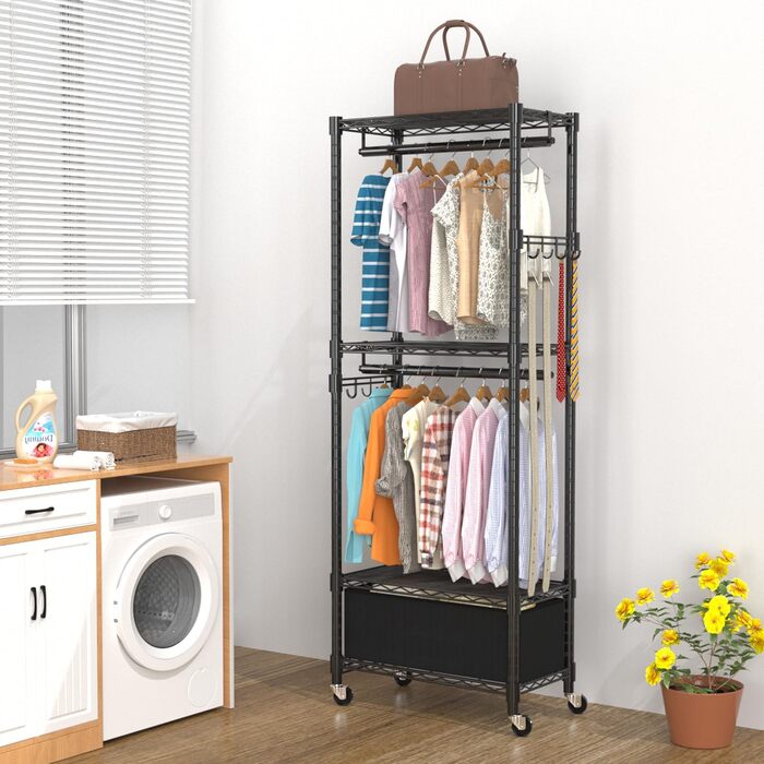 Clothes Rack, Clothes Rack, 4 Tier, Adjustable Closet Organizer System with Drawer | Double Rods | Side Hooks | Holds 445 lbs