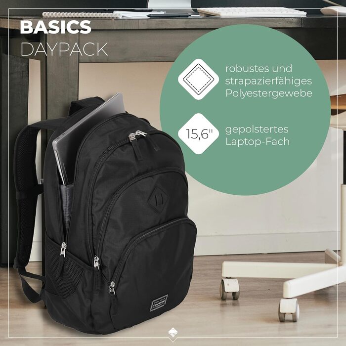 Travelite Carry-on Backpack, Laptop Backpack 15.6 inch, BASICS, Daypack, Daypack with many compartments, 45 cm, 22 liters (Black)