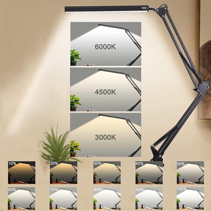 SKYLEO Dimmable Desk Lamp with Clip - Eye Protection LED Task Lamp - 3 Modes & 10 Brightness Levels - Black