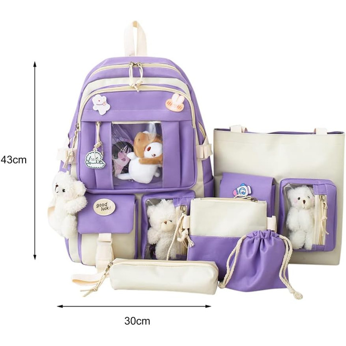 Яскравий рюкзак Каваї з аксесуарами, набір 5 шт. – великий рюкзак у стилі Харадзюку, трендовий рюкзак для школи, коледжу, подорожей, з нашивками (фіолетовий)
