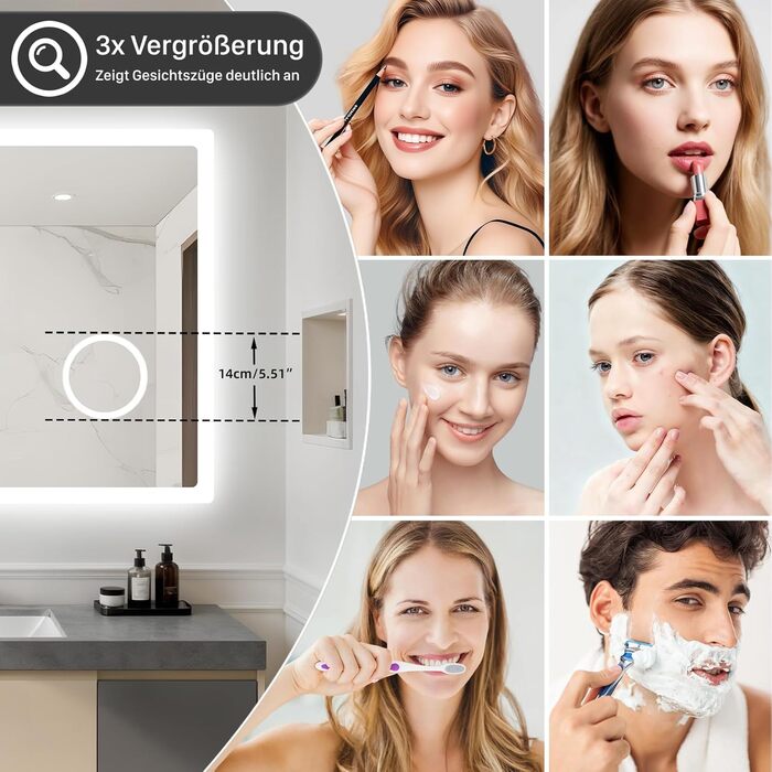 Дзеркало для ванної кімнати LUVODI з підсвічуванням 100x70 см: годинник, температура, дата, проти запотівання, регулювання яскравості, 3 кольори світла, функція пам'яті, LED, Bluetooth, збільшення 3x