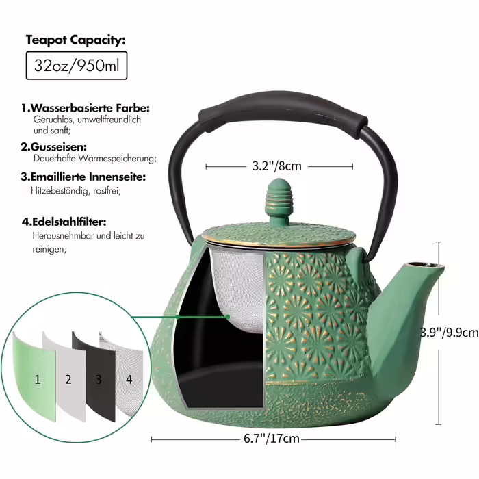 Cast Iron Teapot, 950ml Japanese Cherry Blossom Pattern Teakettle, Stovetop Safe, Infuser for Loose Tea & Coffee, Silicone Handle, Enamelled Interior, 32oz Blue (Light Green)