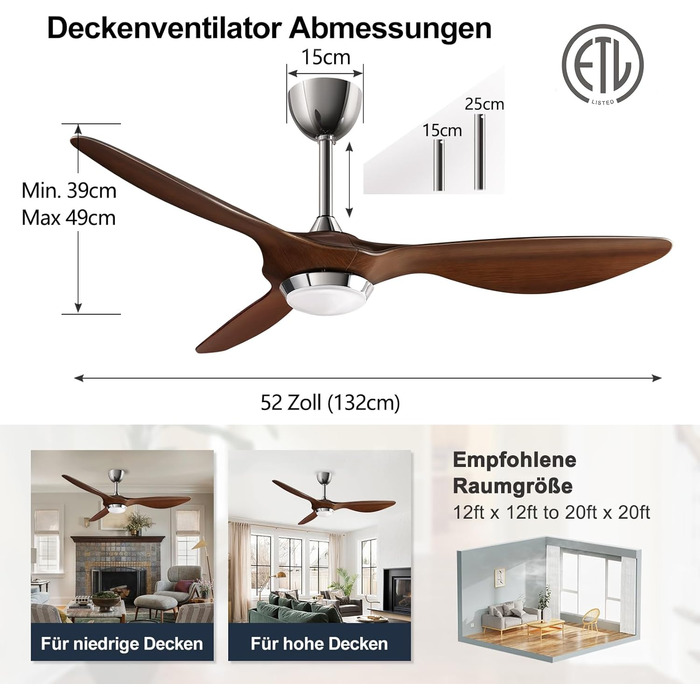 Стеляний вентилятор Reiga 132 см з LED-підсвічуванням та пультом керування, тихий реверсивний DC мотор, 6 швидкостей, керування через додаток, колір коричневий, лопаті з імітацією дерева